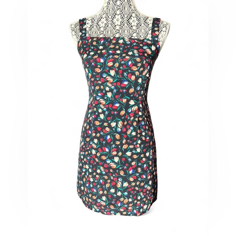 bp Black Square-Neck Mini Dress with Multicolored Floral Tulips